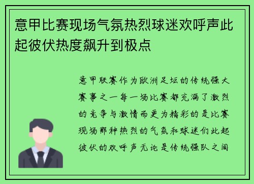 意甲比赛现场气氛热烈球迷欢呼声此起彼伏热度飙升到极点