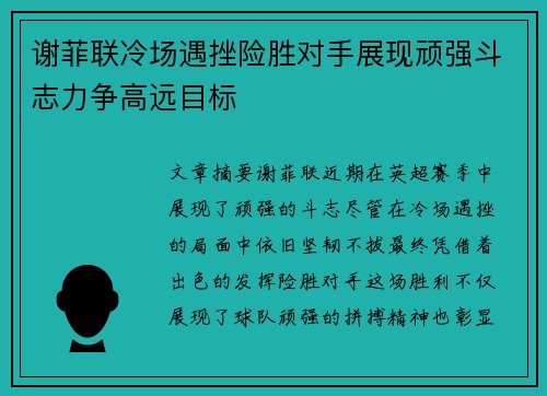 谢菲联冷场遇挫险胜对手展现顽强斗志力争高远目标