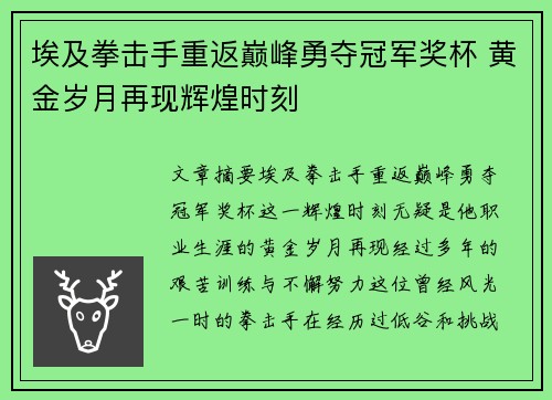 埃及拳击手重返巅峰勇夺冠军奖杯 黄金岁月再现辉煌时刻