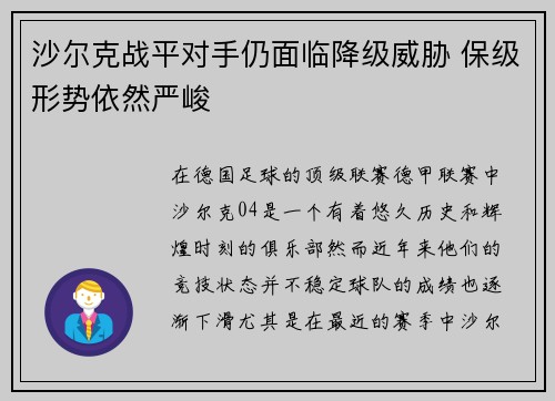 沙尔克战平对手仍面临降级威胁 保级形势依然严峻