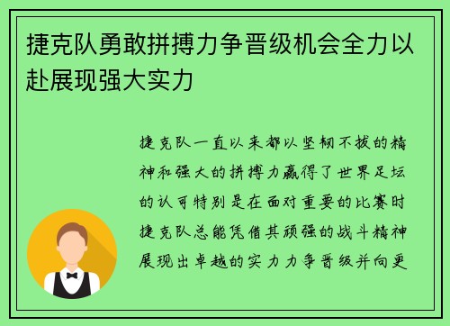 捷克队勇敢拼搏力争晋级机会全力以赴展现强大实力