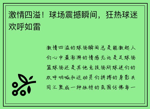 激情四溢！球场震撼瞬间，狂热球迷欢呼如雷
