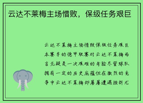云达不莱梅主场惜败，保级任务艰巨