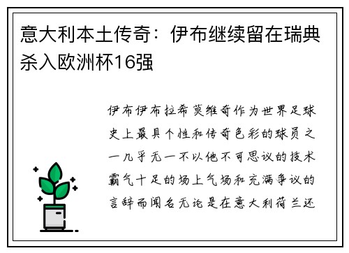 意大利本土传奇：伊布继续留在瑞典杀入欧洲杯16强