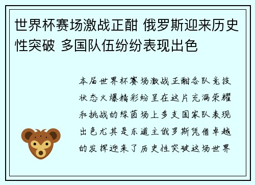 世界杯赛场激战正酣 俄罗斯迎来历史性突破 多国队伍纷纷表现出色