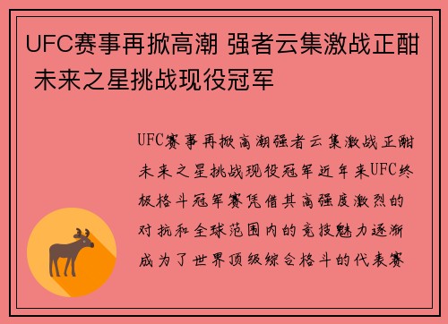 UFC赛事再掀高潮 强者云集激战正酣 未来之星挑战现役冠军