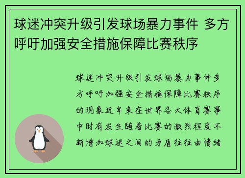 球迷冲突升级引发球场暴力事件 多方呼吁加强安全措施保障比赛秩序